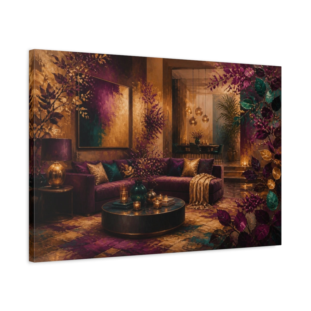 Side Mockup 2. Living Room Plum Sofa shown as canvas print