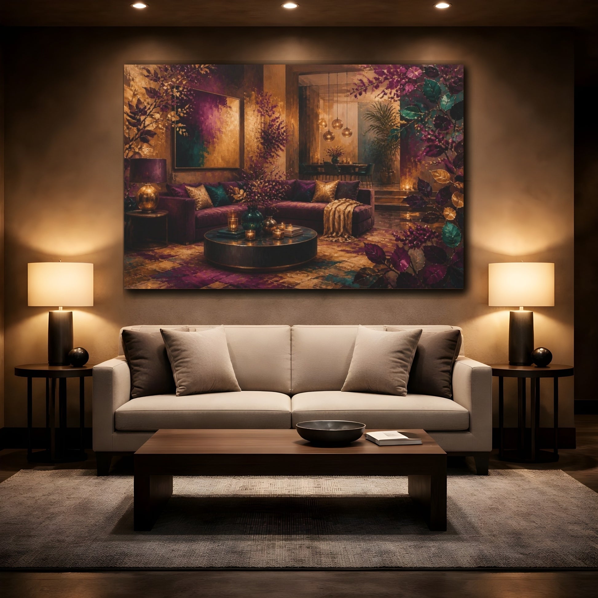 Mockup 2. Living Room Plum Sofa shown as canvas print