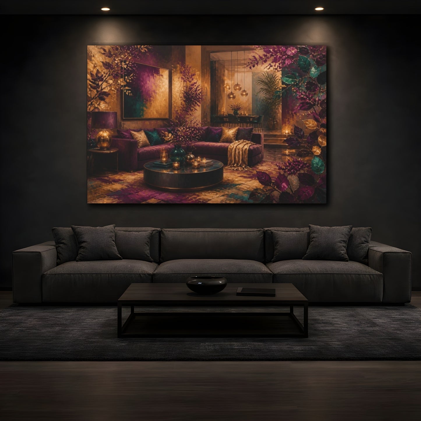 Mockup 3. Living Room Plum Sofa shown as canvas print