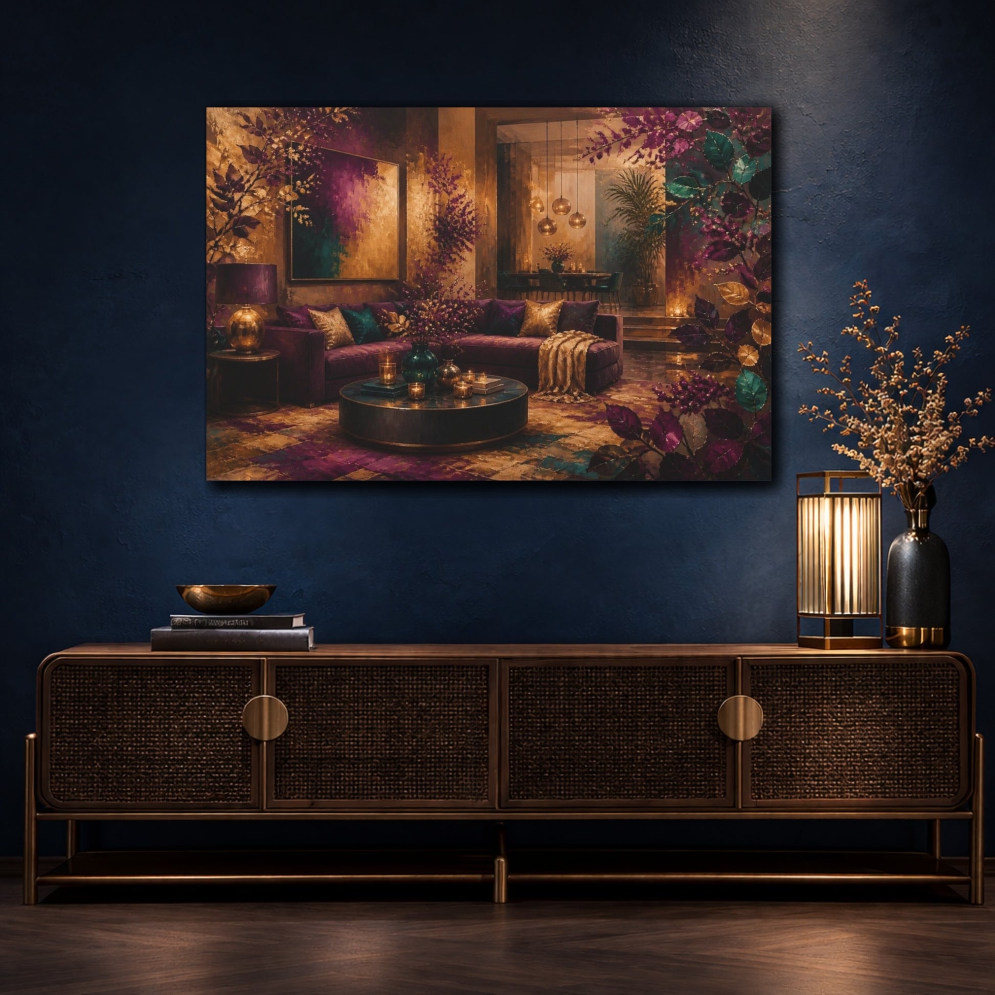 Mockup 4. Living Room Plum Sofa shown as canvas print