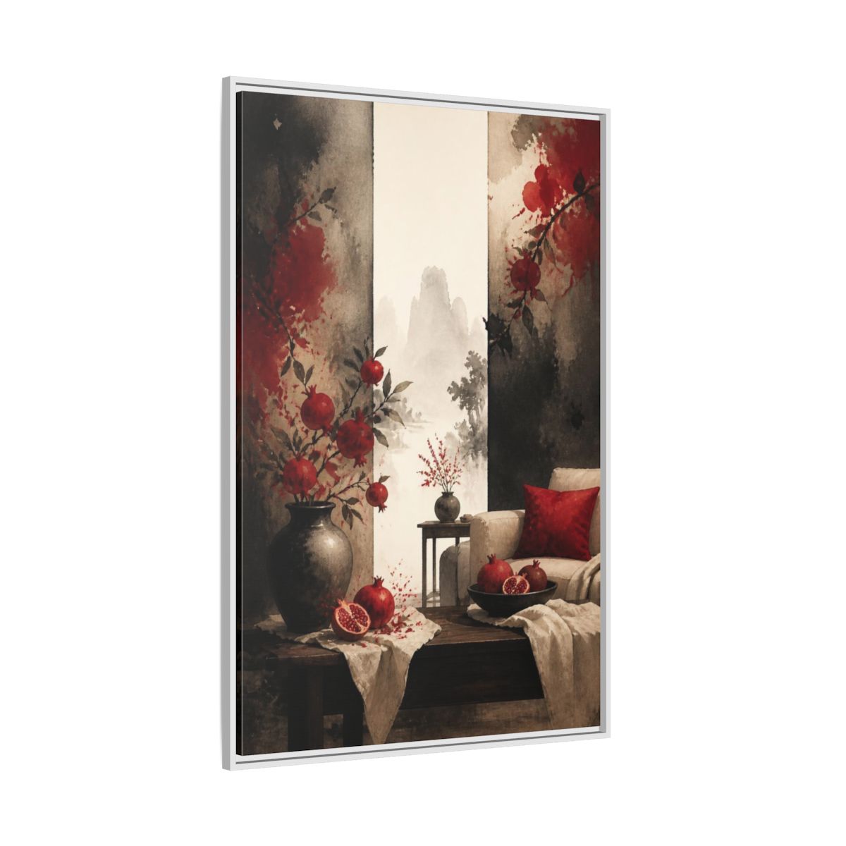 Side Mockup 7. Living Room Pomegranate Still Life shown as framed canvas print