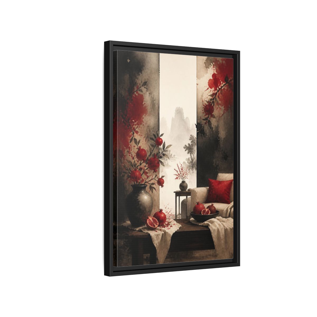 Side Mockup 3. Living Room Pomegranate Still Life shown as framed canvas print