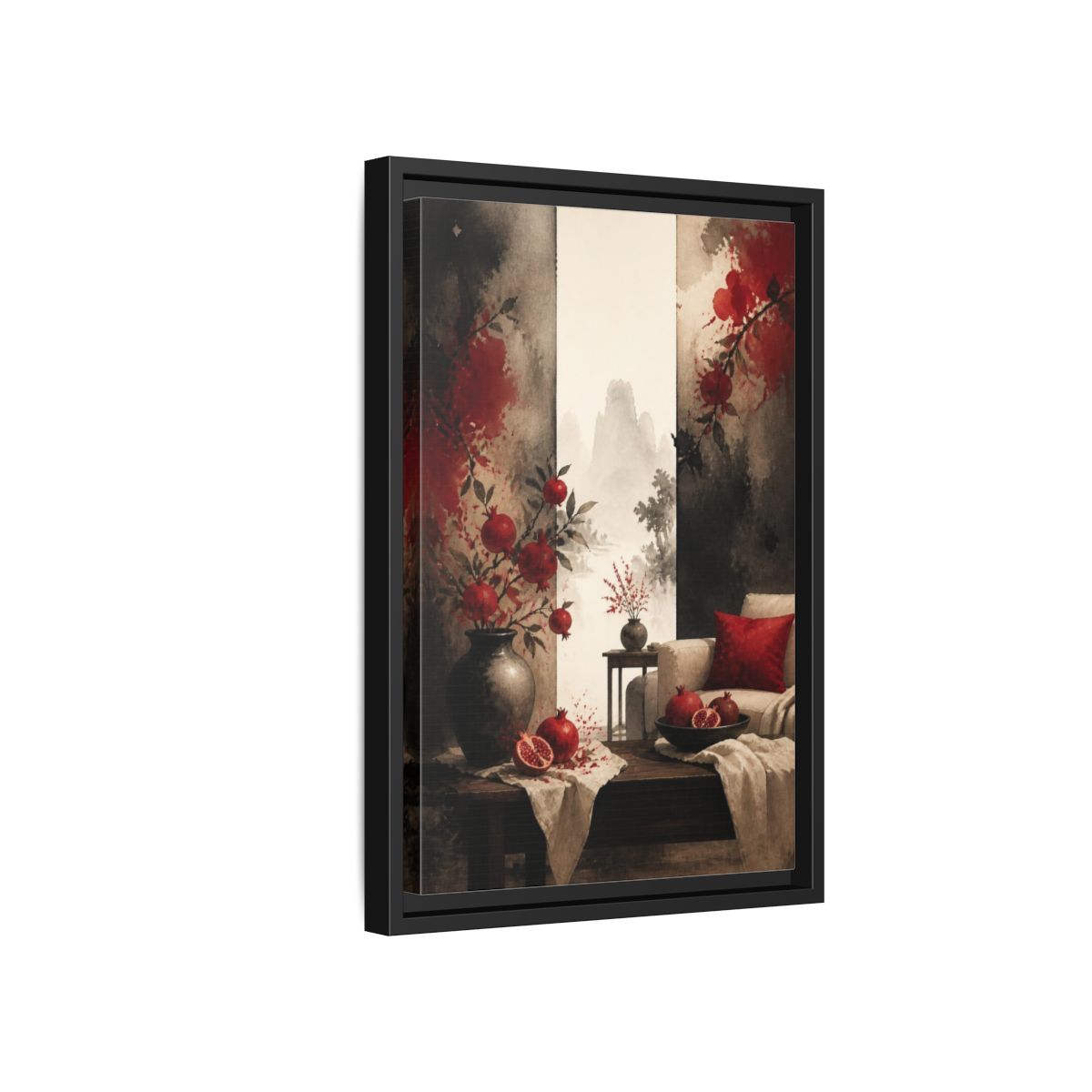 Side Mockup 6. Living Room Pomegranate Still Life shown as framed canvas print