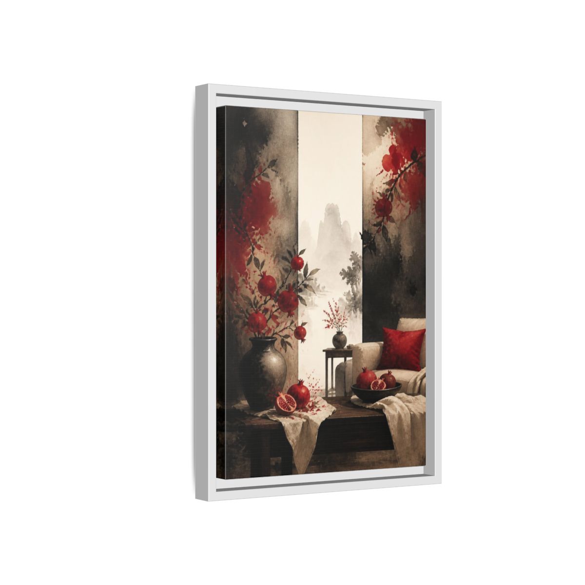 Side Mockup 4. Living Room Pomegranate Still Life shown as framed canvas print