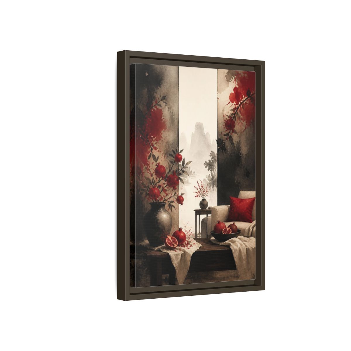 Side Mockup 5. Living Room Pomegranate Still Life shown as framed canvas print