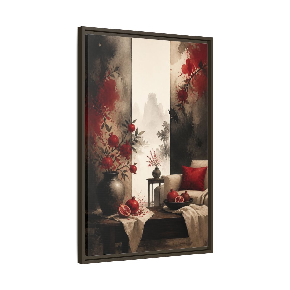 Side Mockup 11. Living Room Pomegranate Still Life shown as framed canvas print