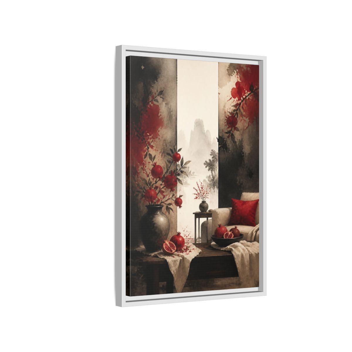 Side Mockup 1. Living Room Pomegranate Still Life shown as framed canvas print