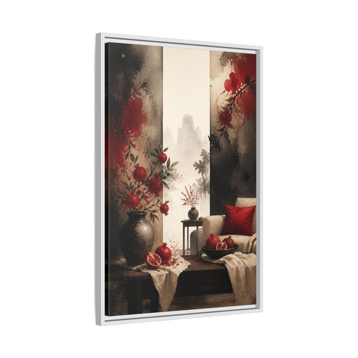 Side Mockup 10. Living Room Pomegranate Still Life shown as framed canvas print
