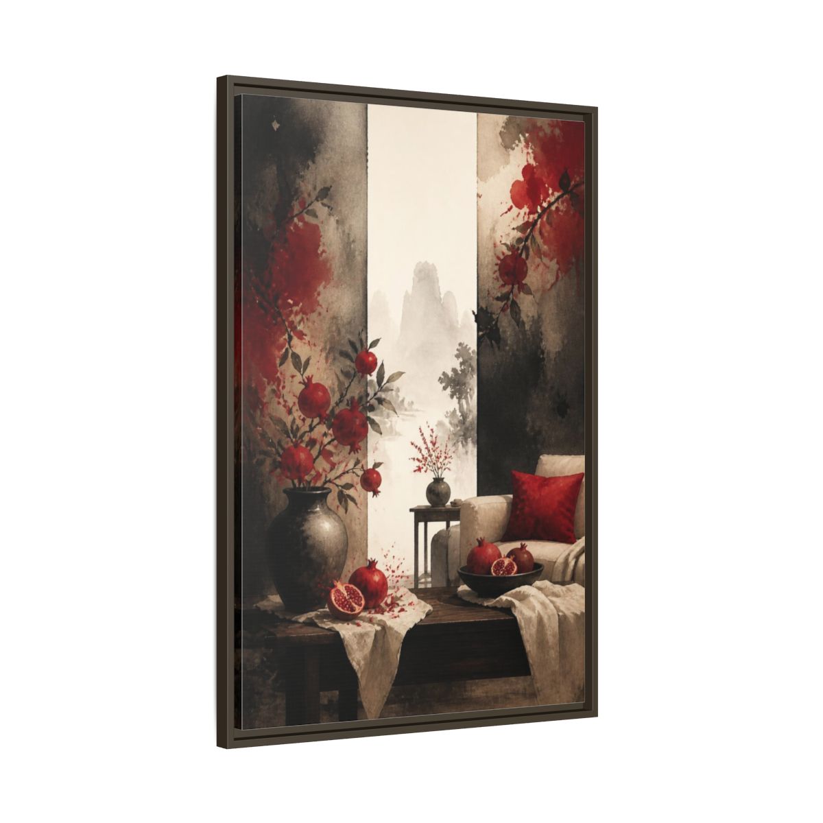Main Mockup. Living Room Pomegranate Still Life shown as framed canvas print