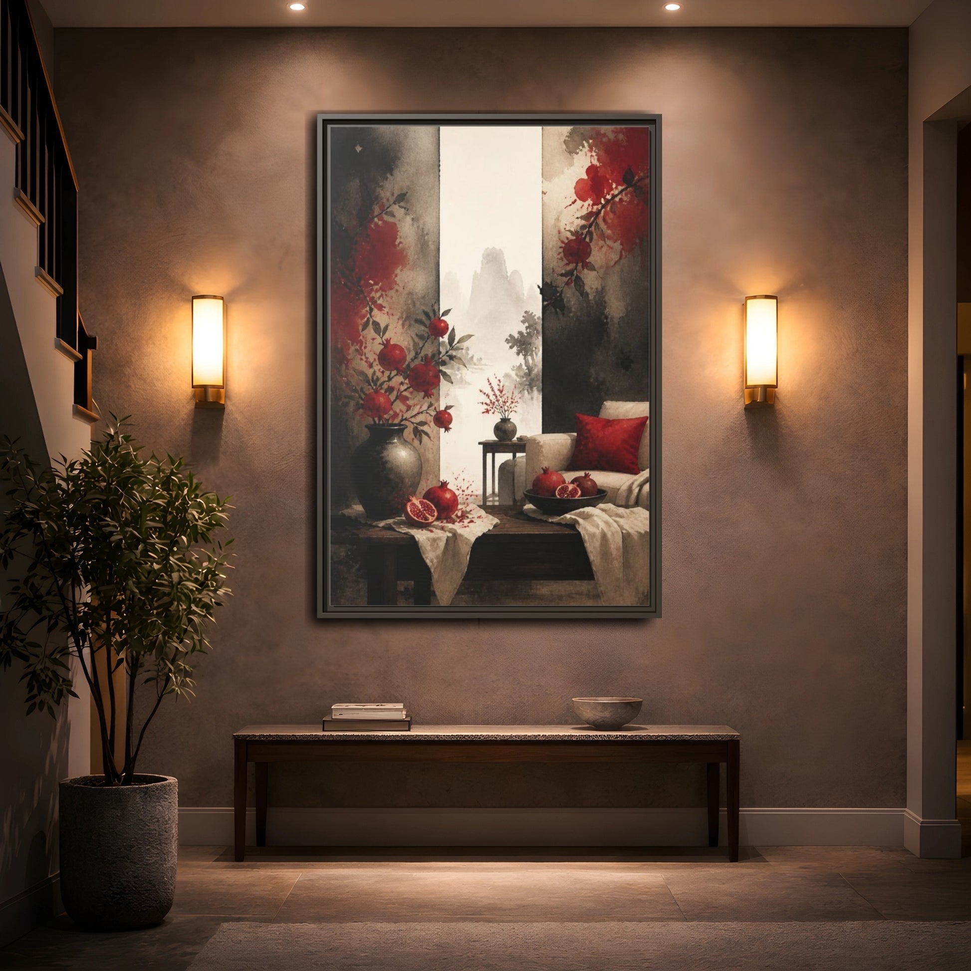 Mockup 2. Living Room Pomegranate Still Life shown as framed canvas print