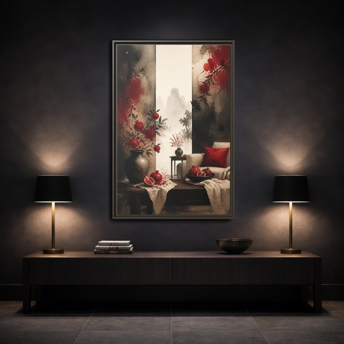 Mockup 3. Living Room Pomegranate Still Life shown as framed canvas print