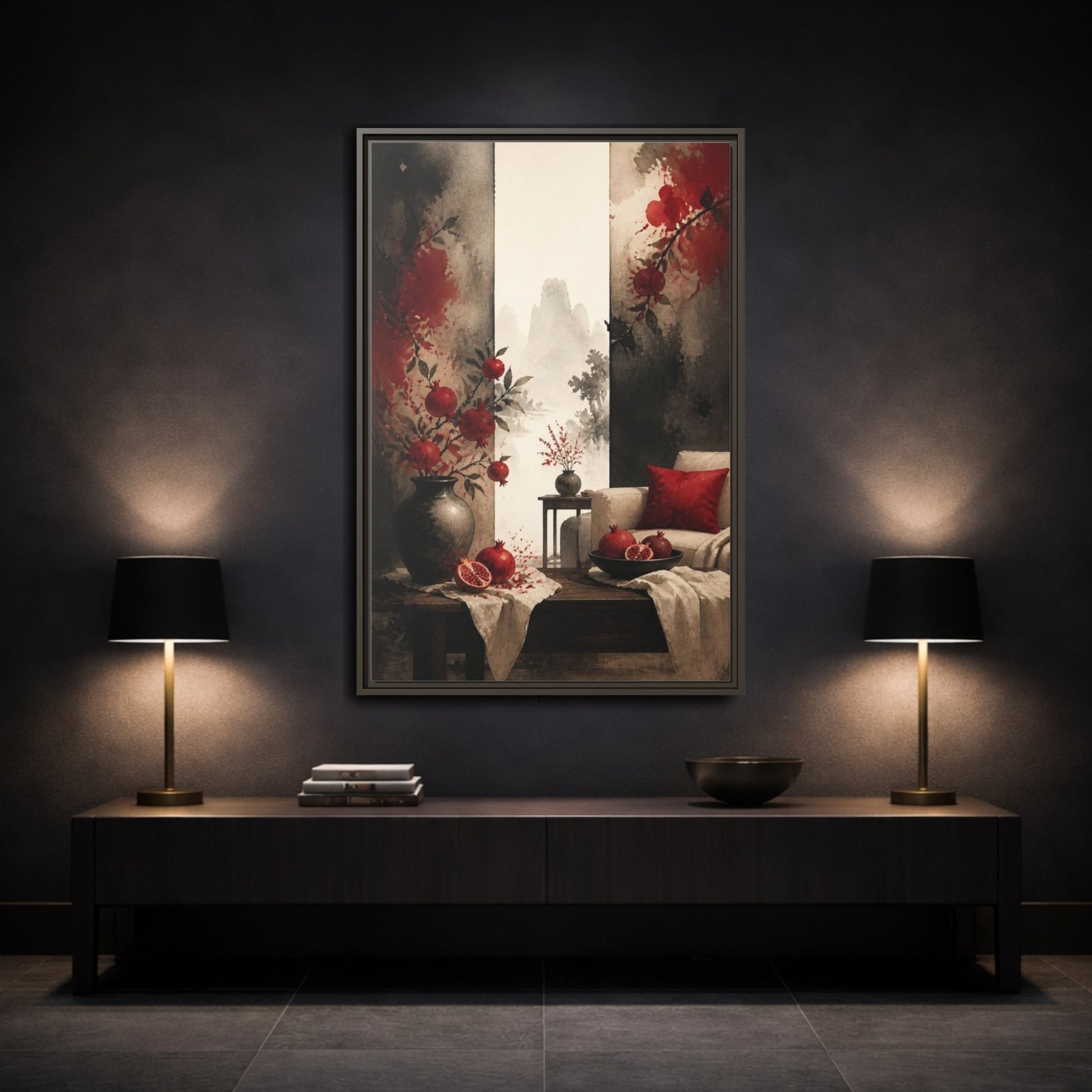 Mockup 3. Living Room Pomegranate Still Life shown as framed canvas print