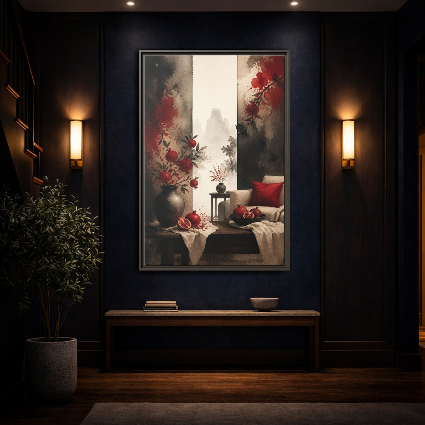 Mockup 4. Living Room Pomegranate Still Life shown as framed canvas print