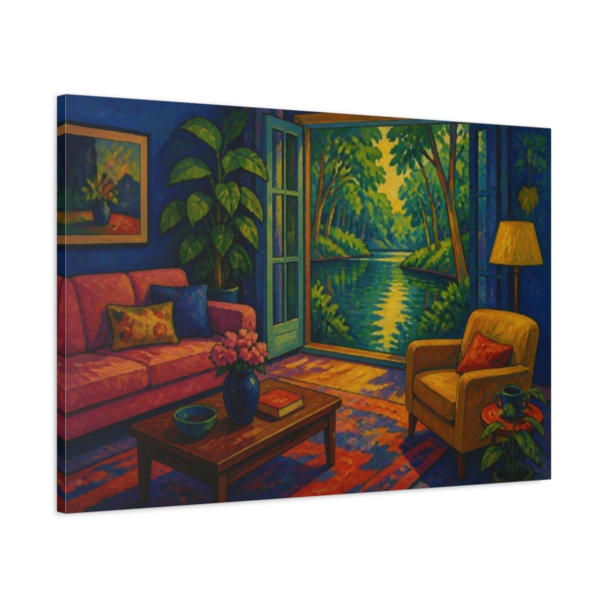 Main Mockup. Living Room Pond View shown as canvas print