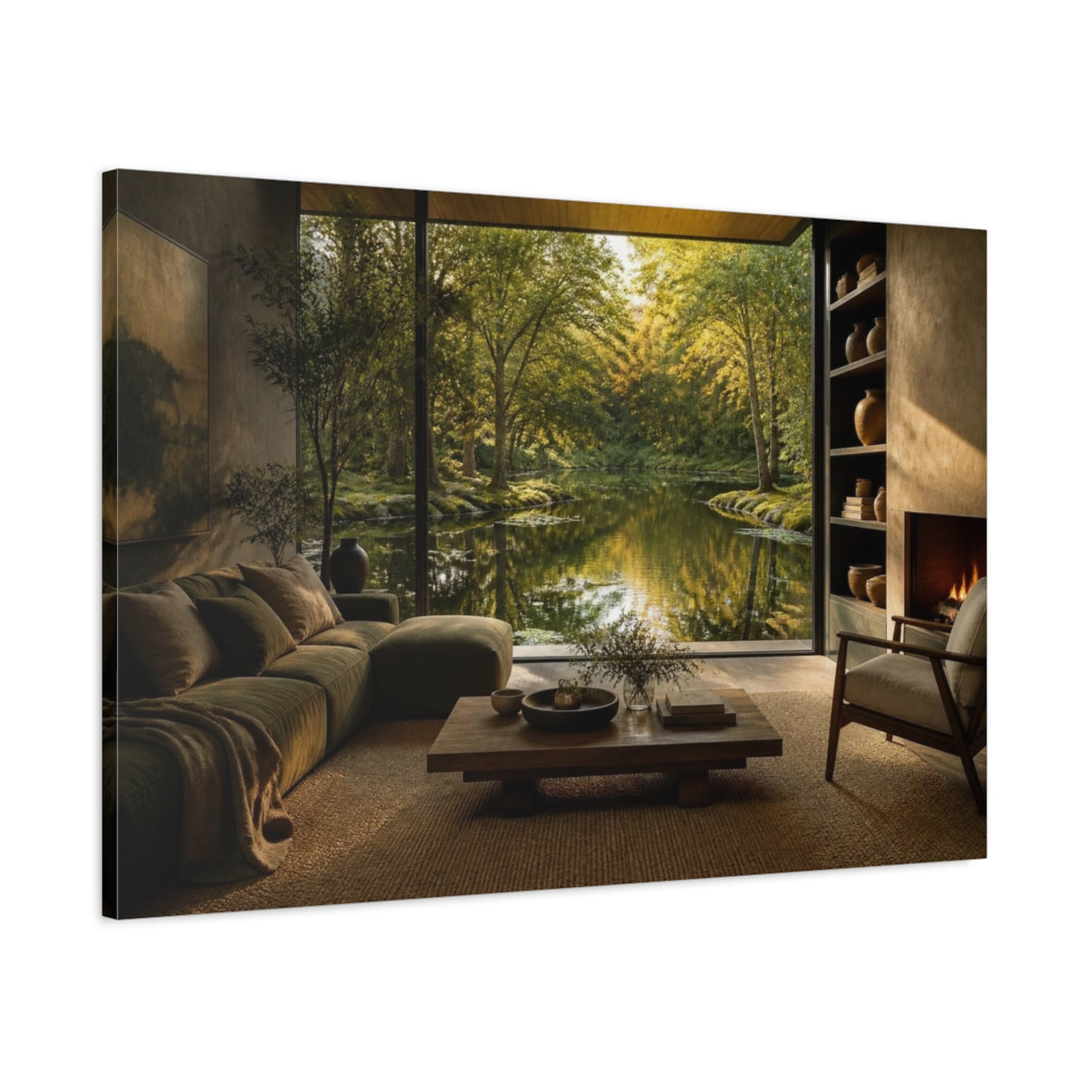 Main Mockup. Living Room Pond View shown as canvas print