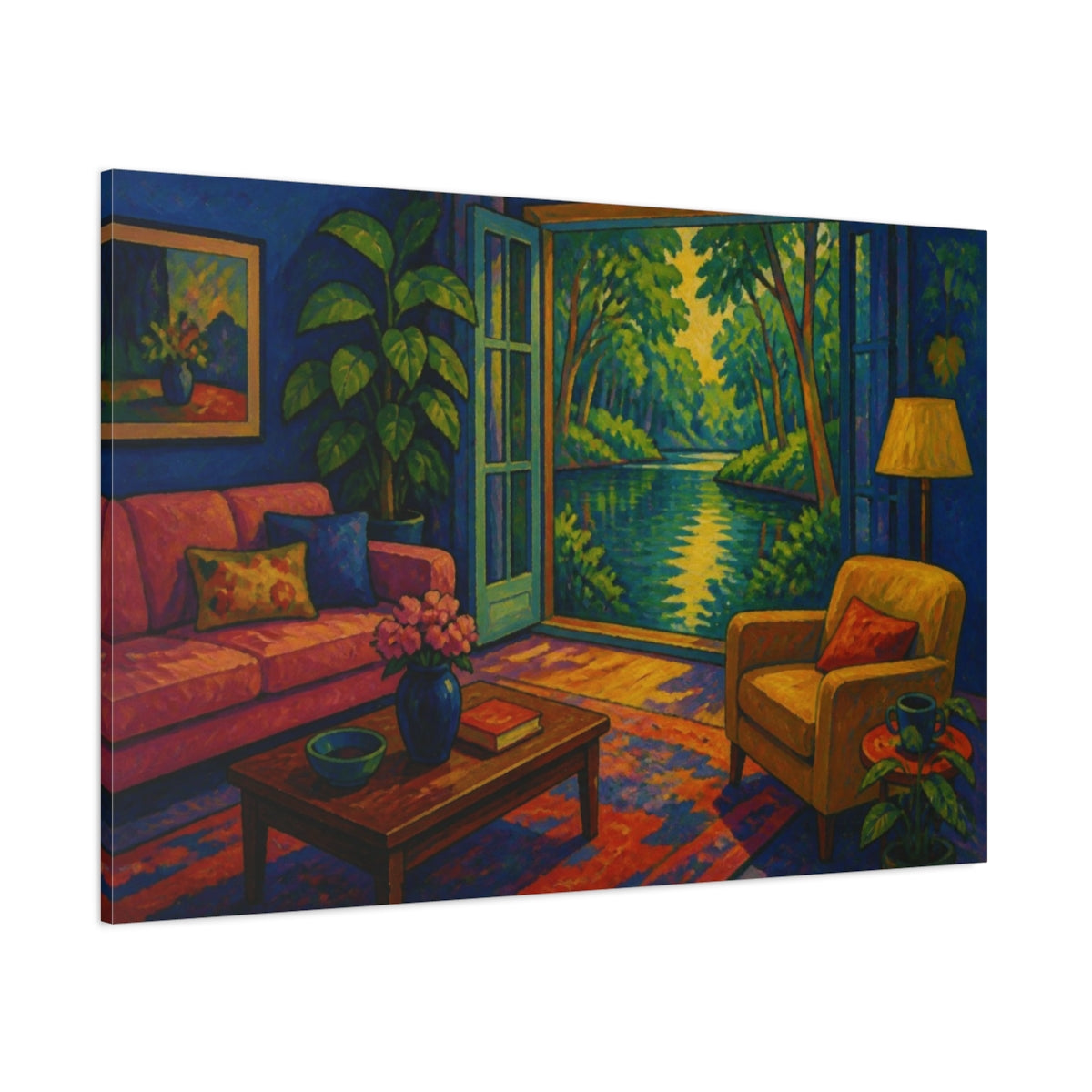Side Mockup 1. Living Room Pond View shown as canvas print