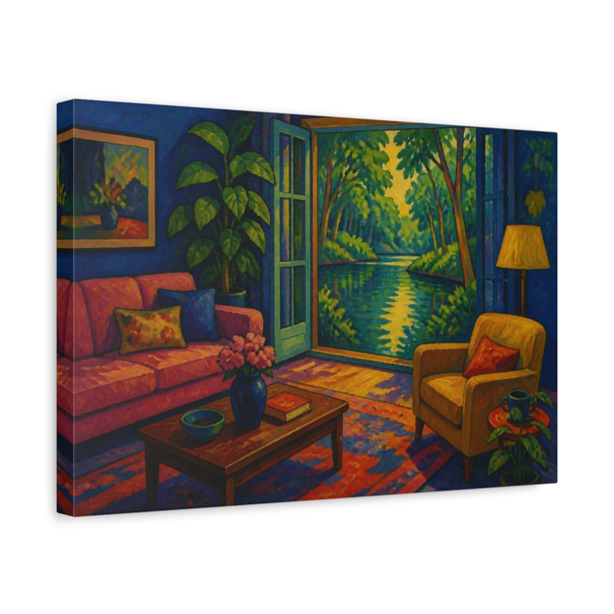 Side Mockup 4. Living Room Pond View shown as canvas print