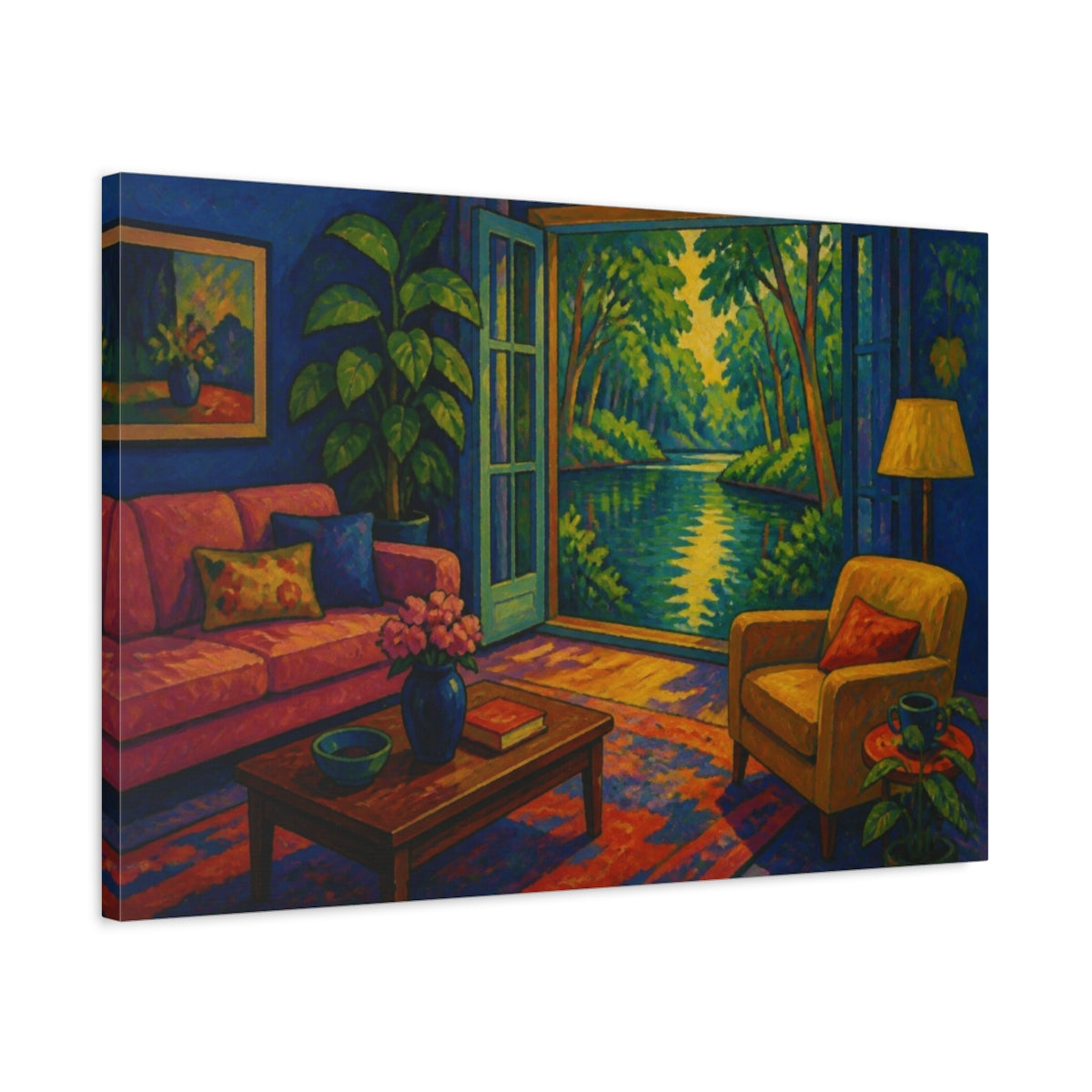 Side Mockup 2. Living Room Pond View shown as canvas print
