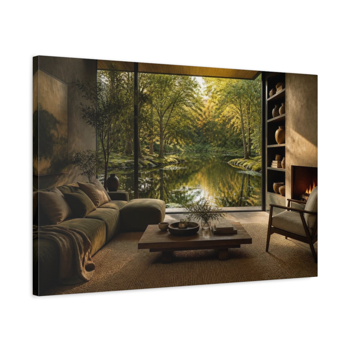 Side Mockup 2. Living Room Pond View shown as canvas print