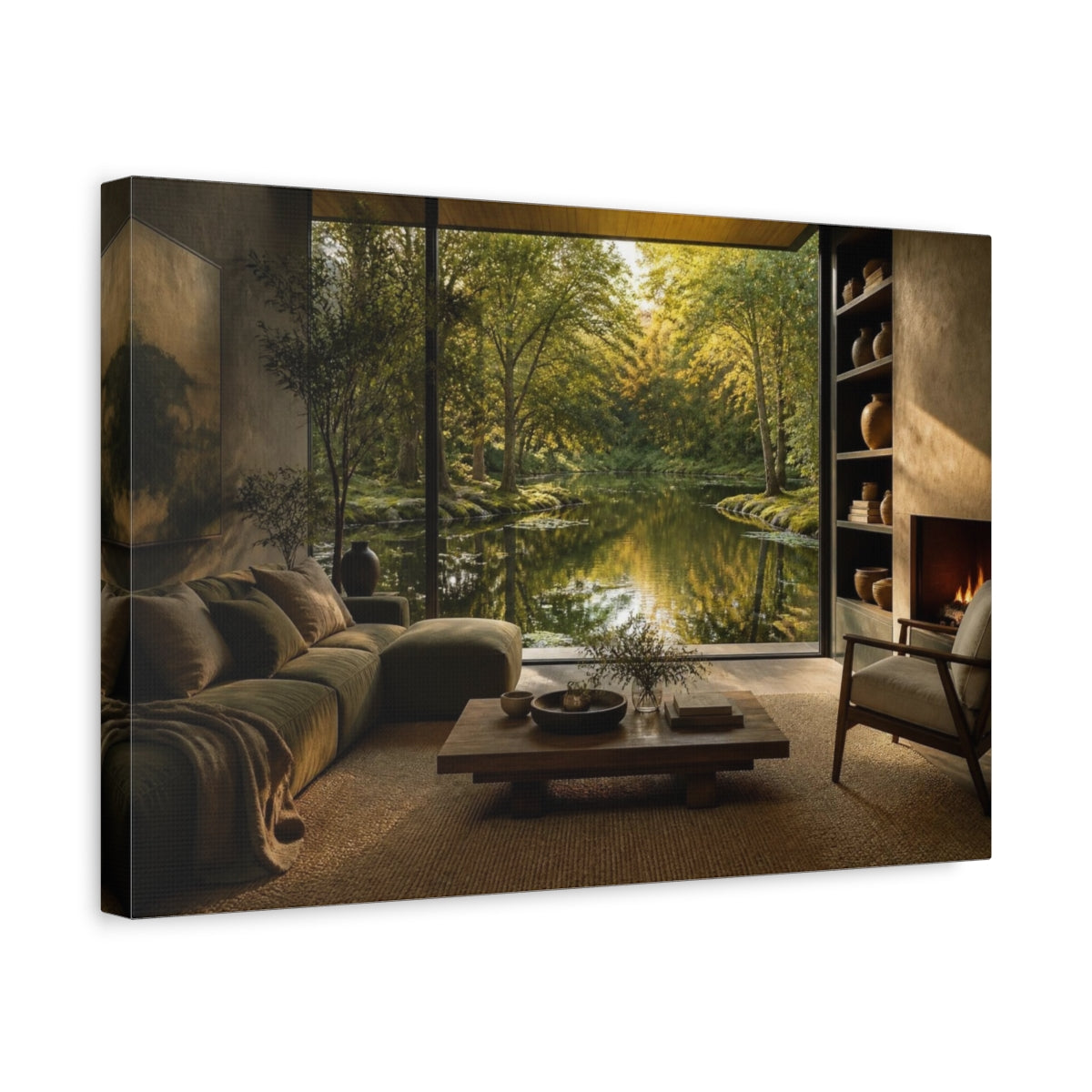 Side Mockup 4. Living Room Pond View shown as canvas print