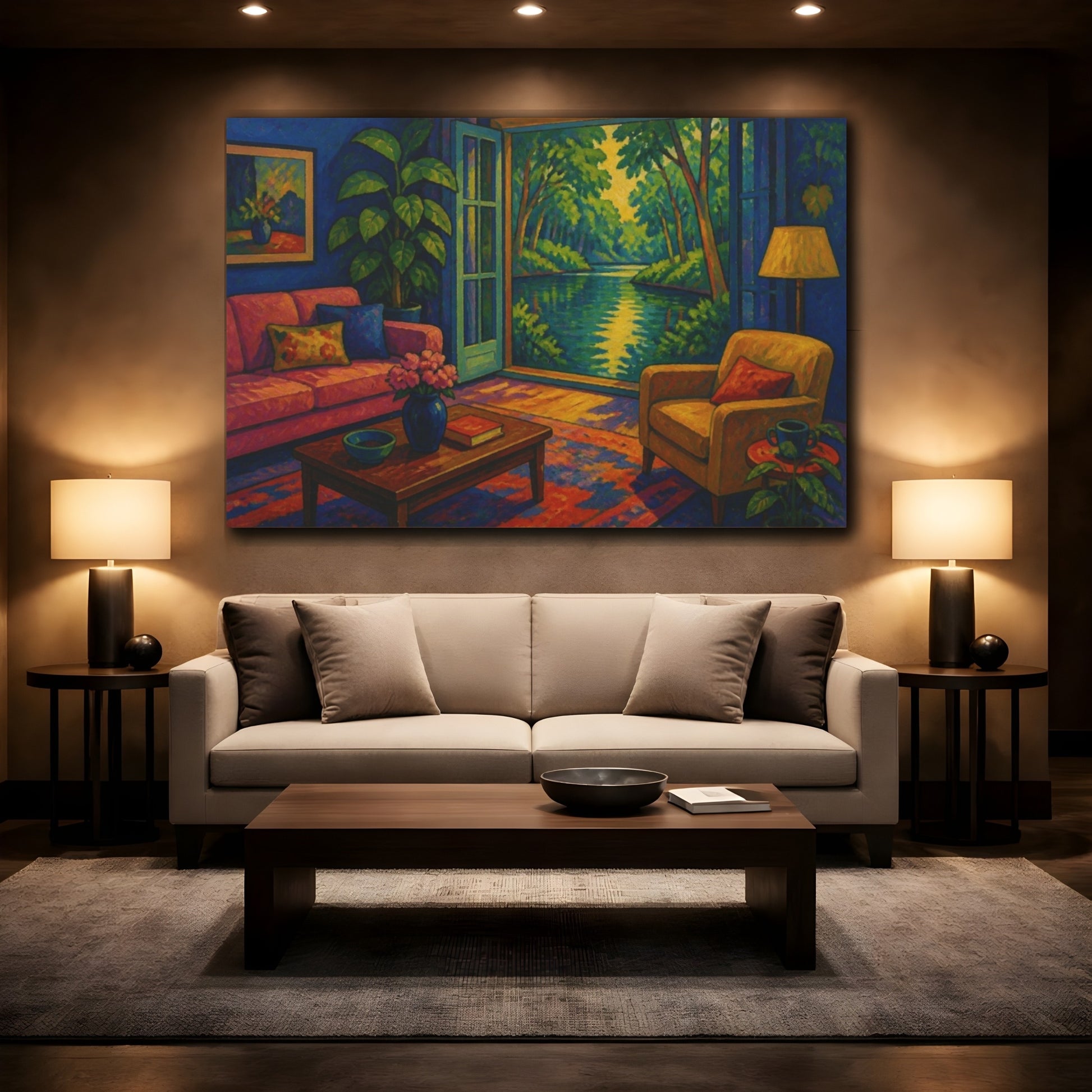 Mockup 2. Living Room Pond View shown as canvas print
