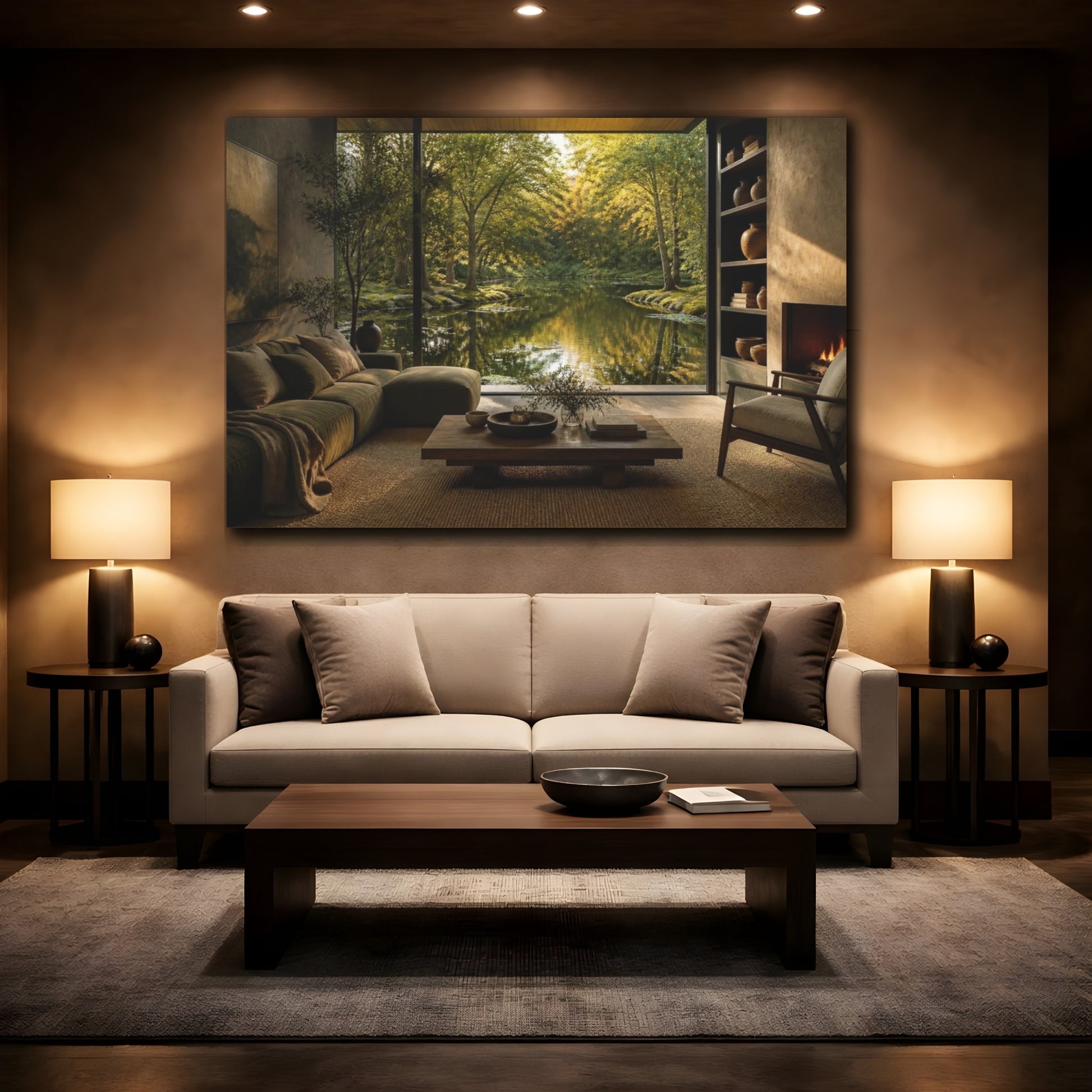 Mockup 2. Living Room Pond View shown as canvas print