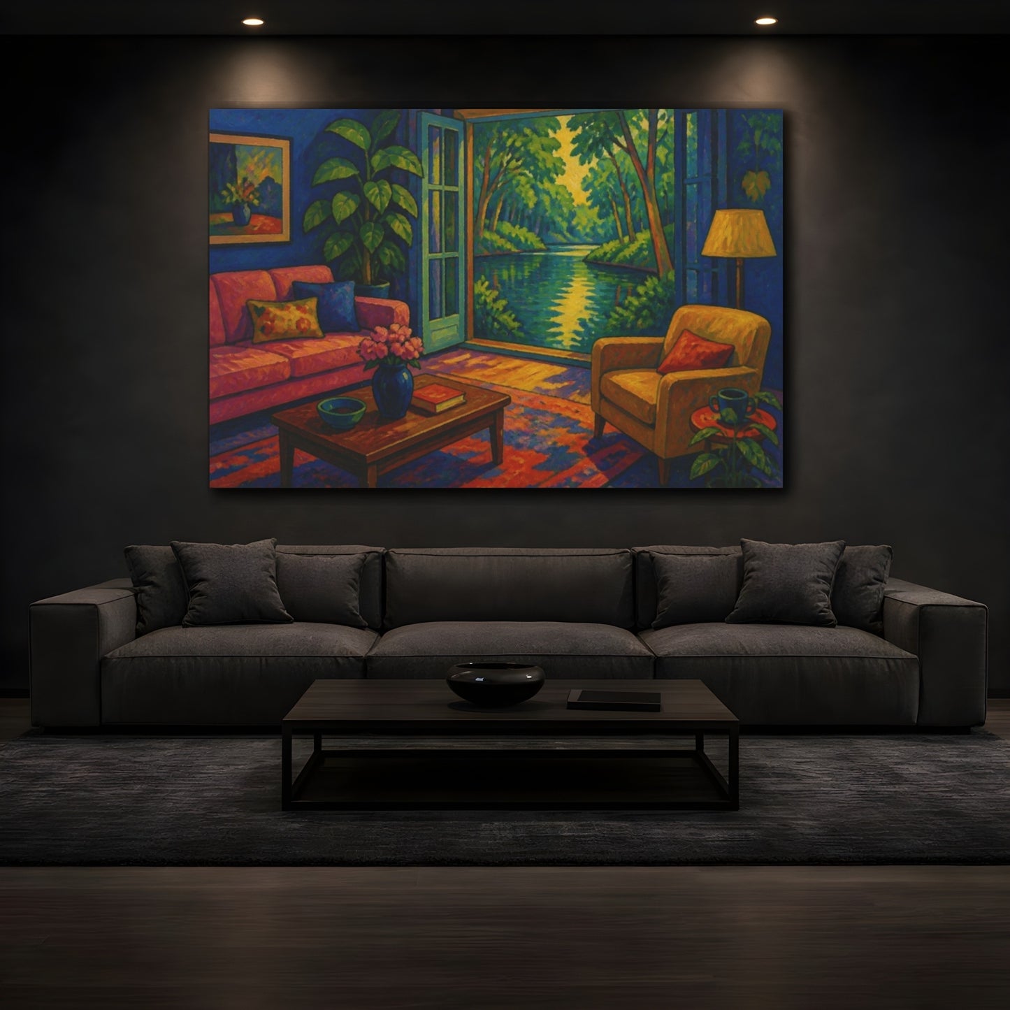 Mockup 3. Living Room Pond View shown as canvas print