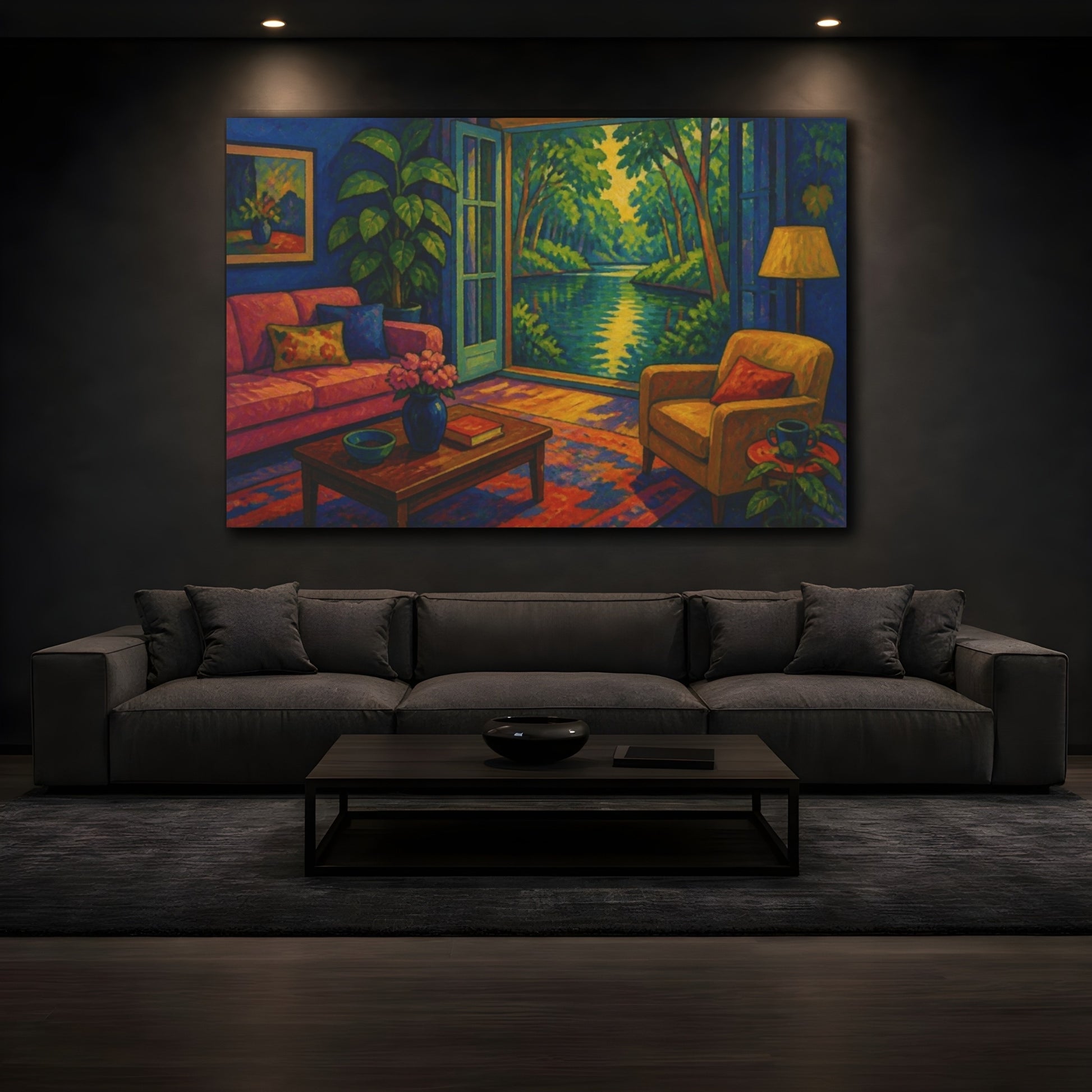 Mockup 3. Living Room Pond View shown as canvas print