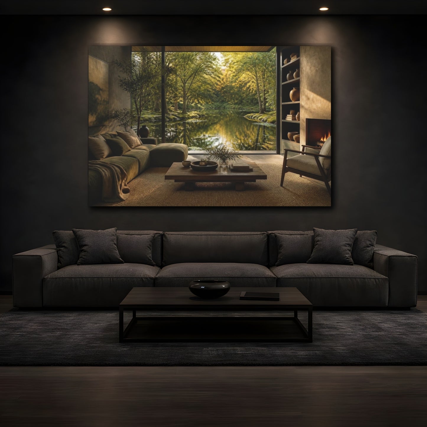 Mockup 3. Living Room Pond View shown as canvas print