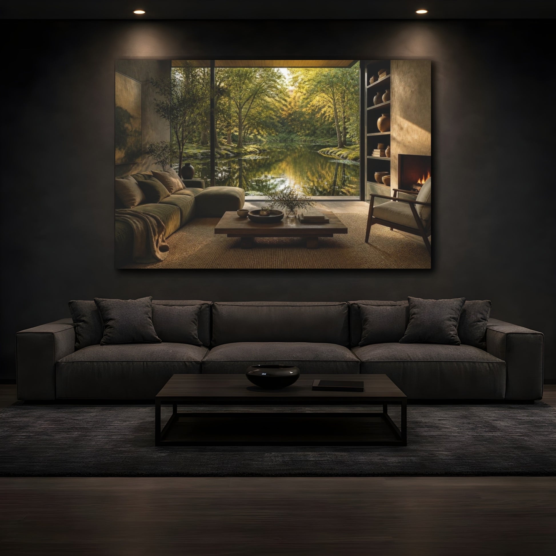 Mockup 3. Living Room Pond View shown as canvas print