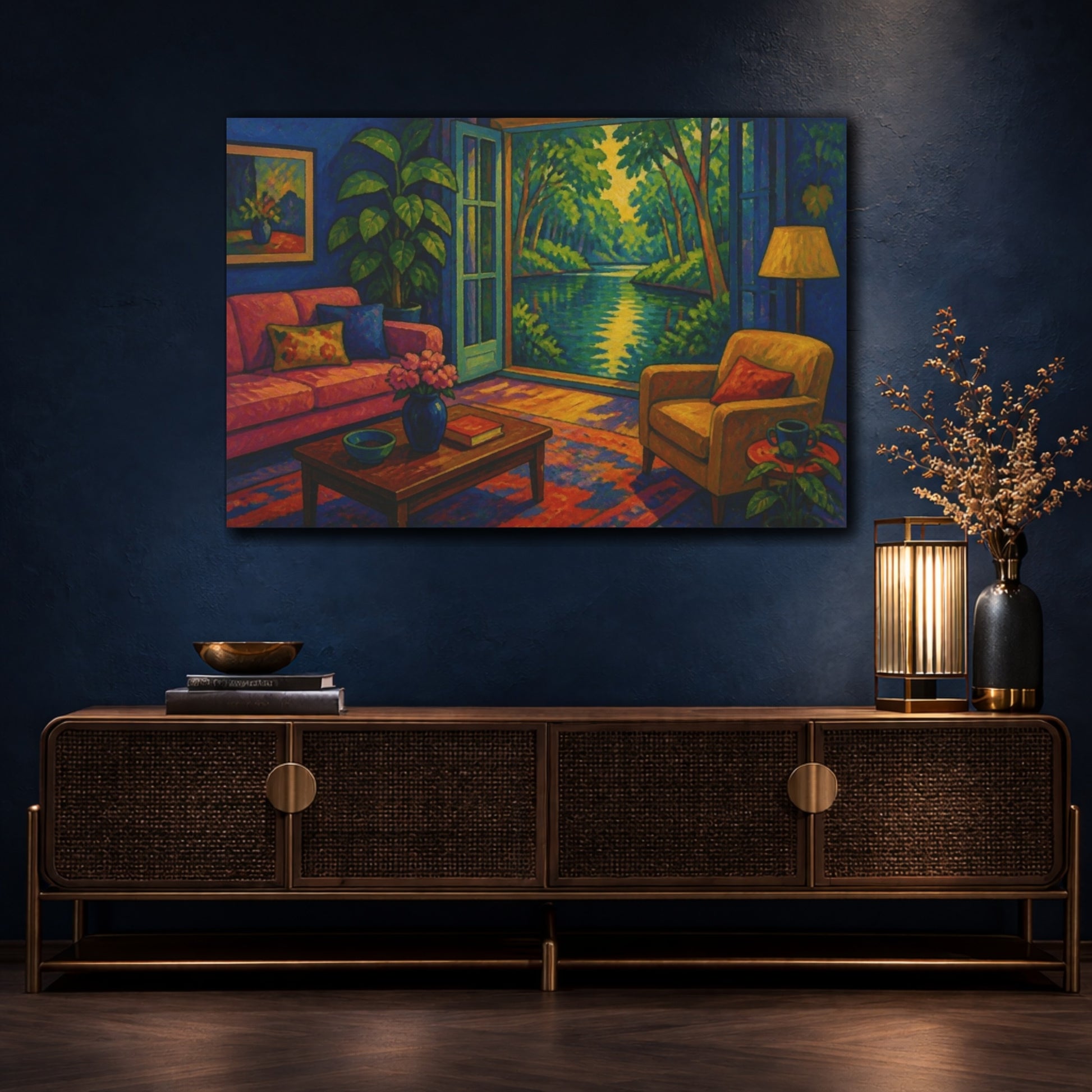 Mockup 4. Living Room Pond View shown as canvas print