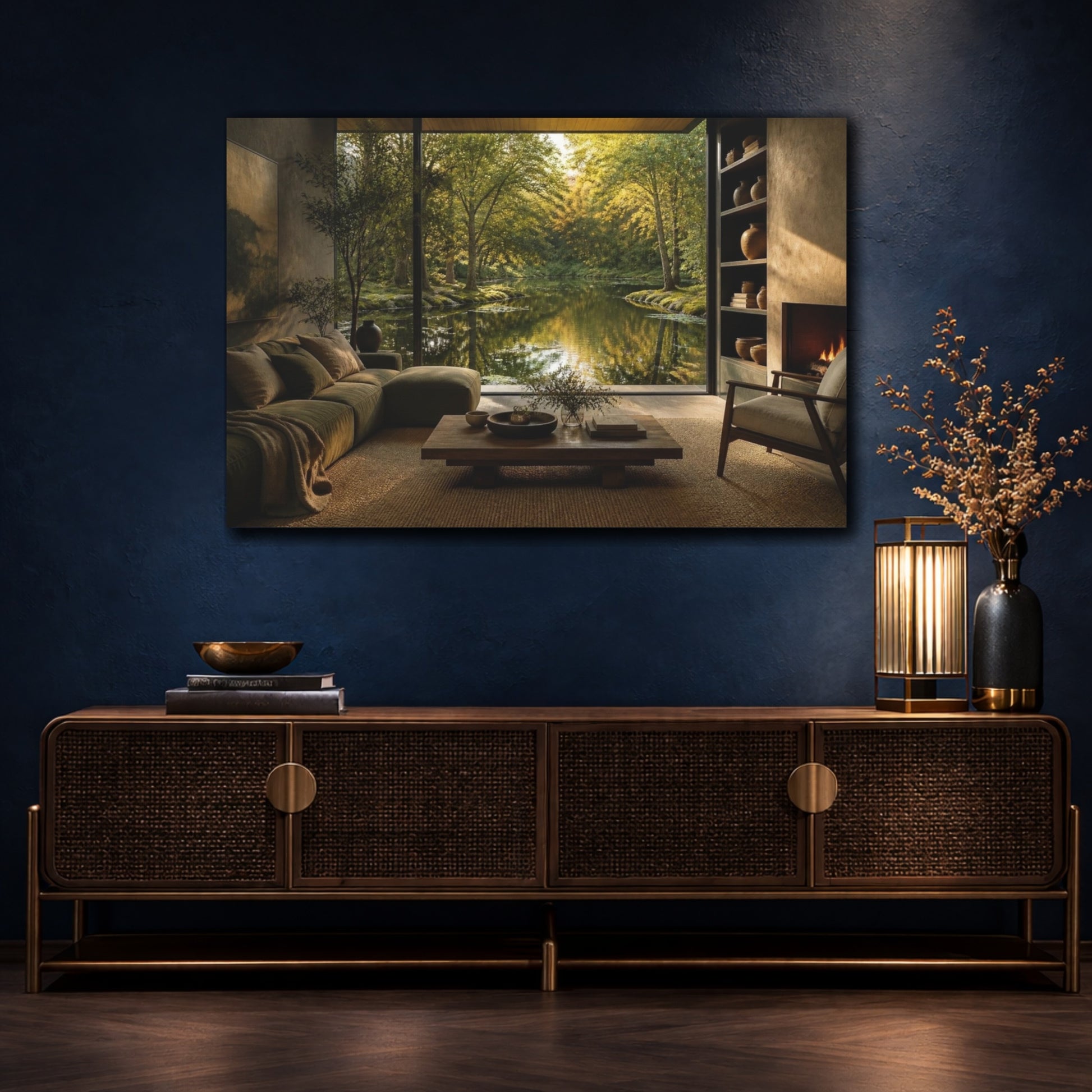 Mockup 4. Living Room Pond View shown as canvas print