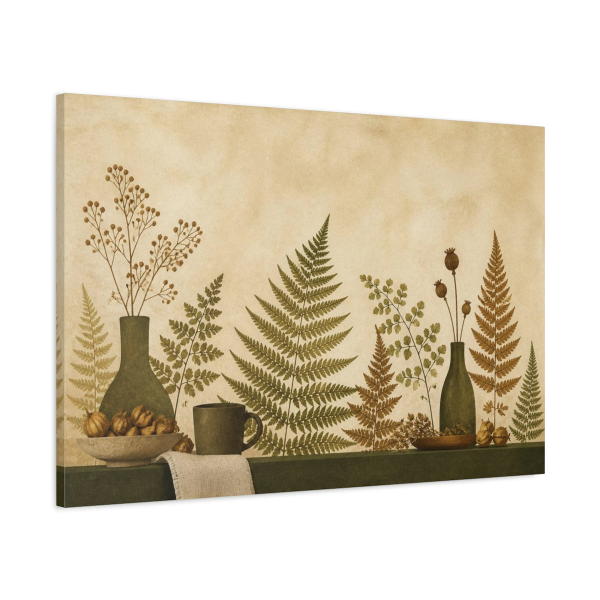 Main Mockup. Living Room Pressed Ferns shown as canvas print