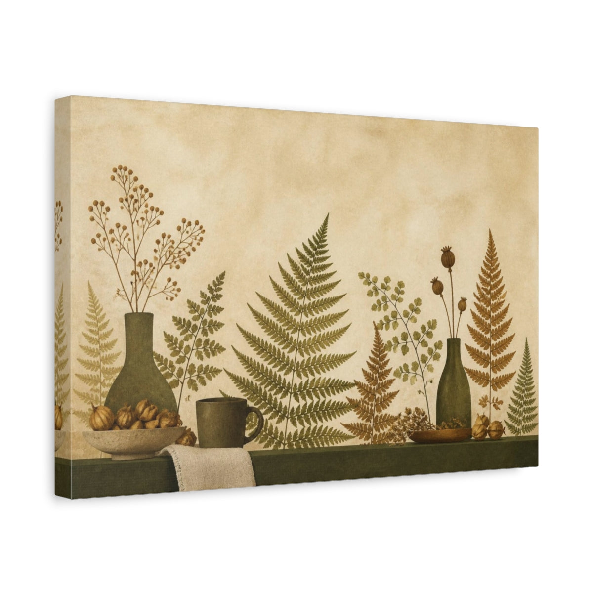 Side Mockup 4. Living Room Pressed Ferns shown as canvas print