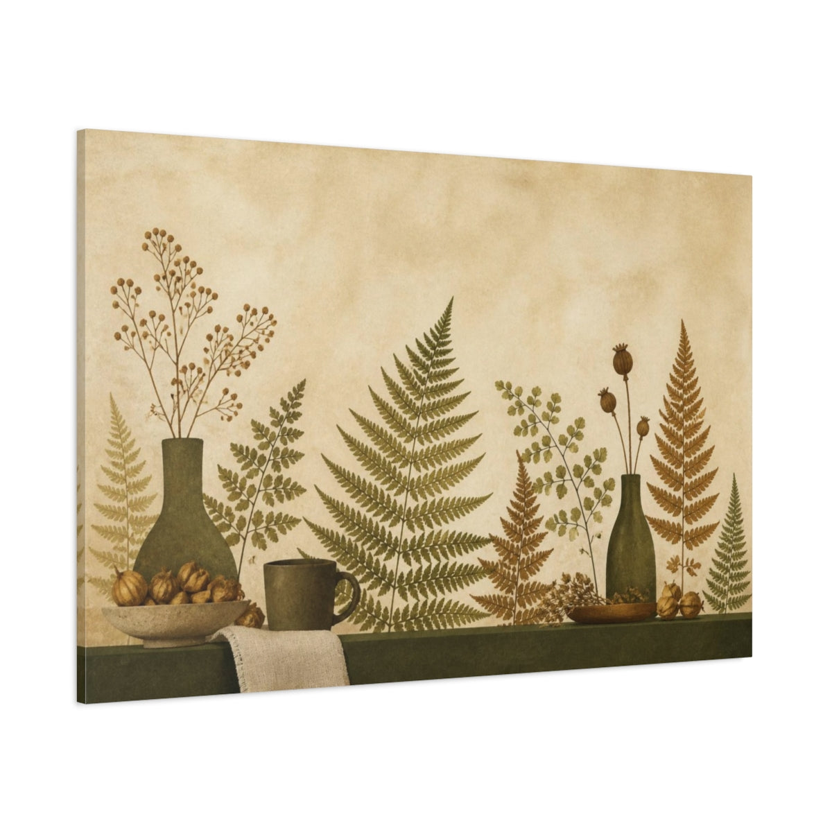 Side Mockup 1. Living Room Pressed Ferns shown as canvas print