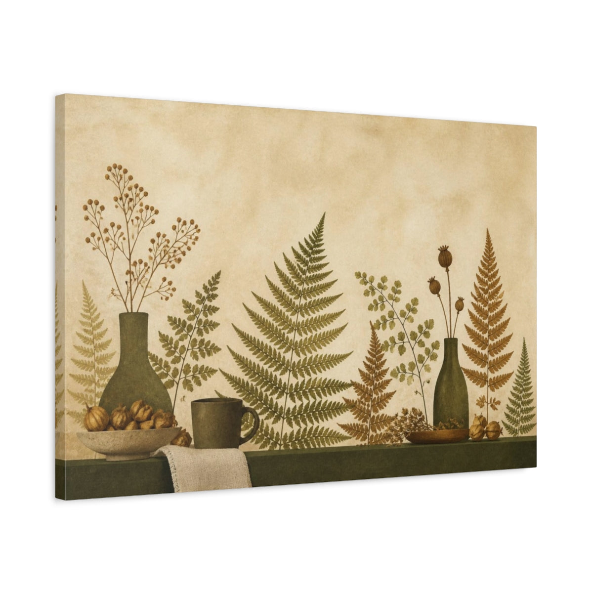 Side Mockup 2. Living Room Pressed Ferns shown as canvas print