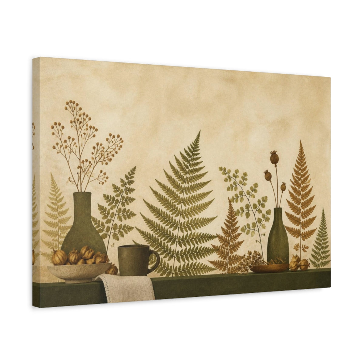 Side Mockup 3. Living Room Pressed Ferns shown as canvas print