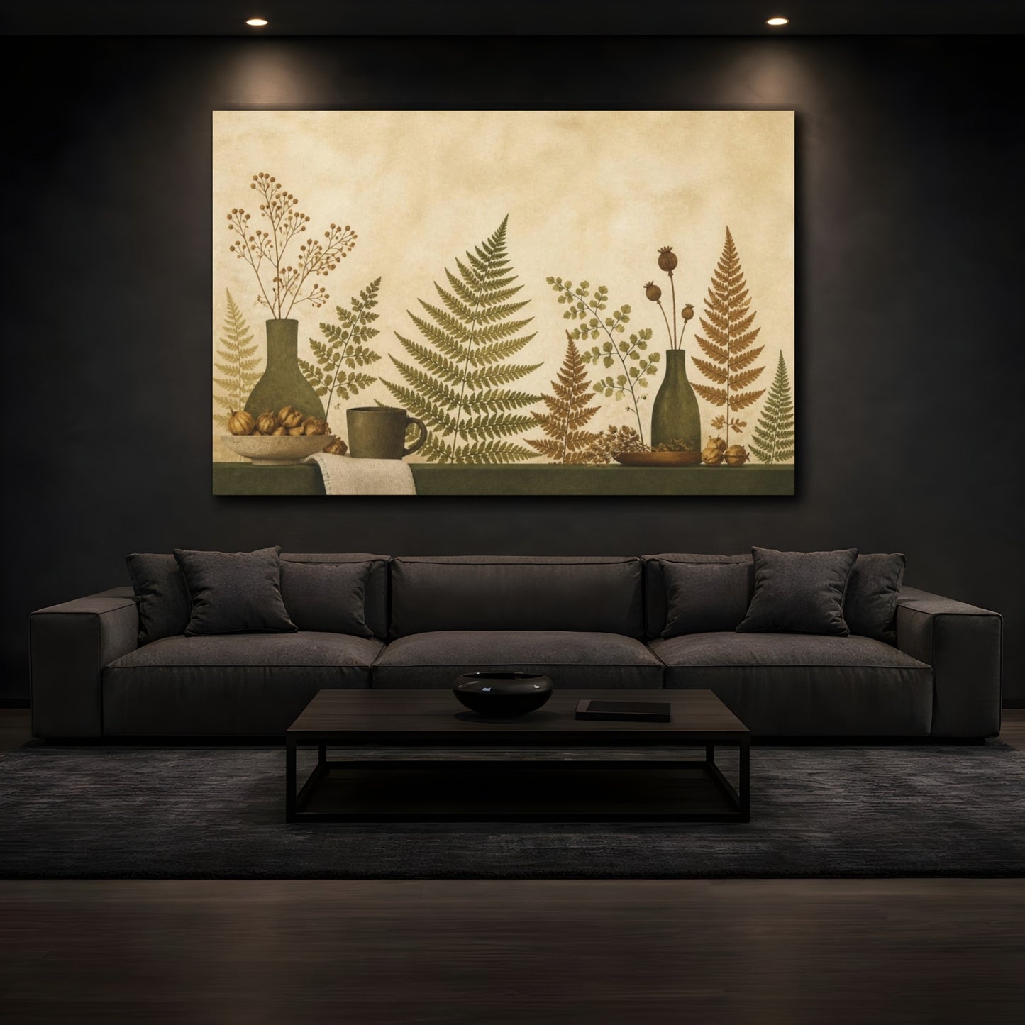 Mockup 3. Living Room Pressed Ferns shown as canvas print
