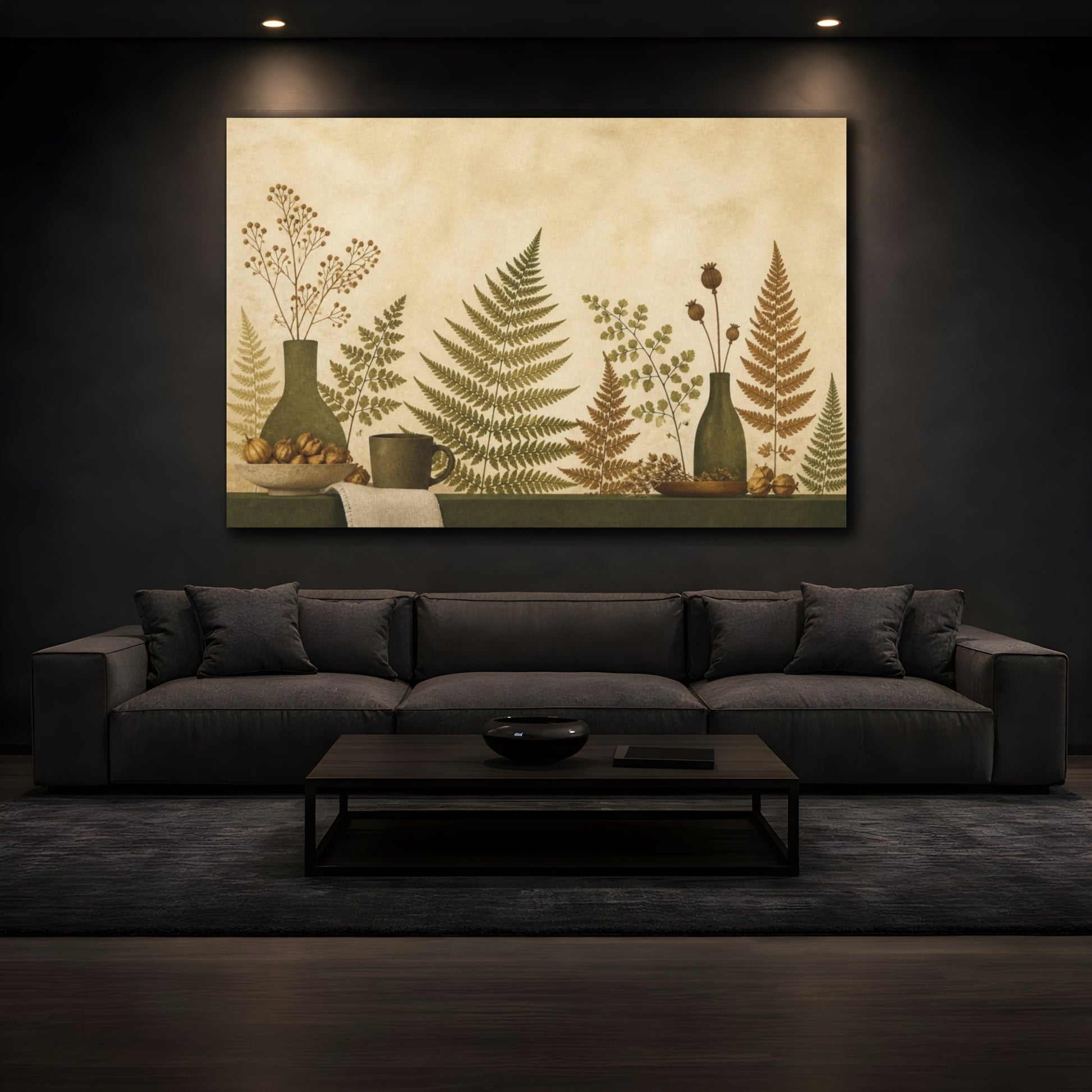 Mockup 3. Living Room Pressed Ferns shown as canvas print