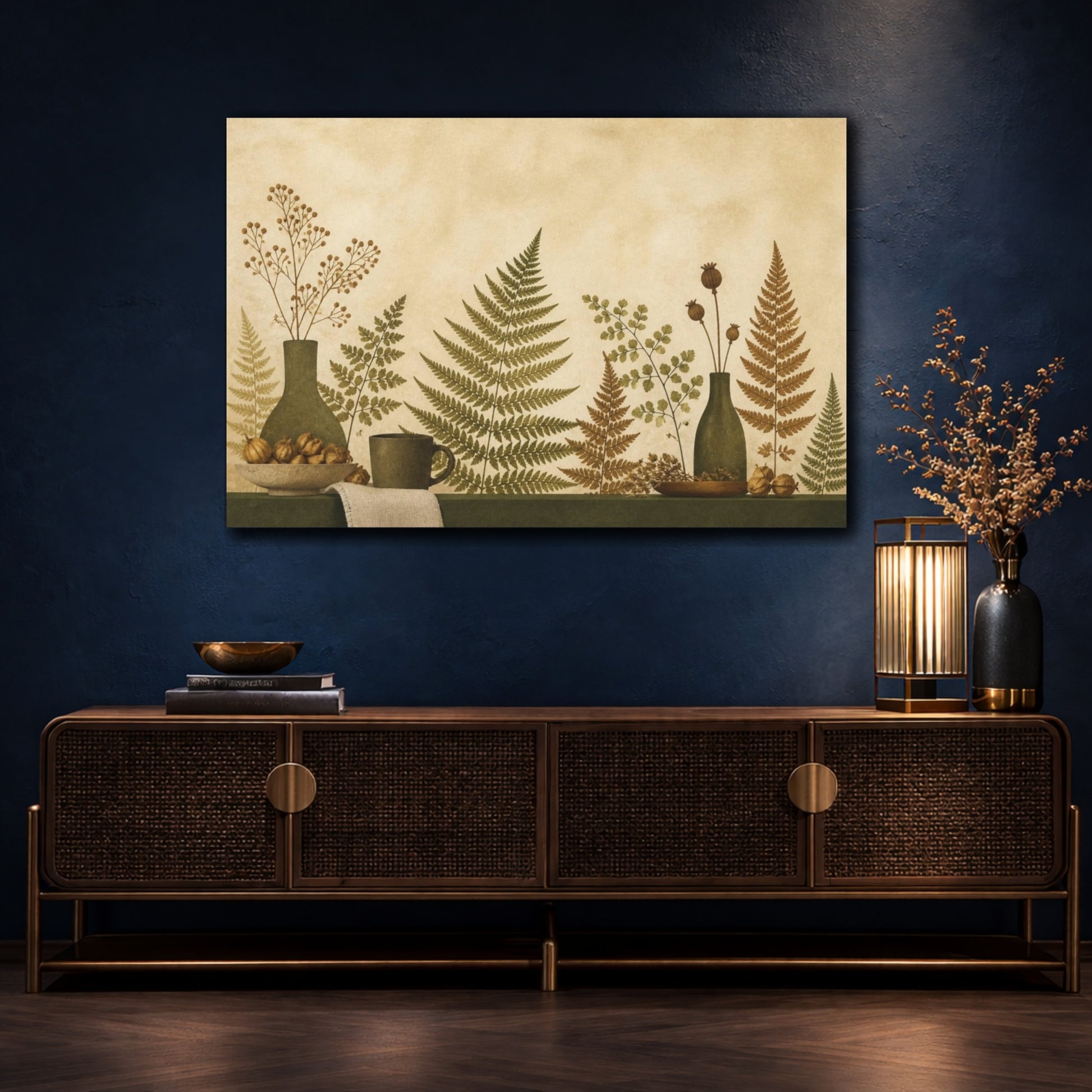 Mockup 4. Living Room Pressed Ferns shown as canvas print