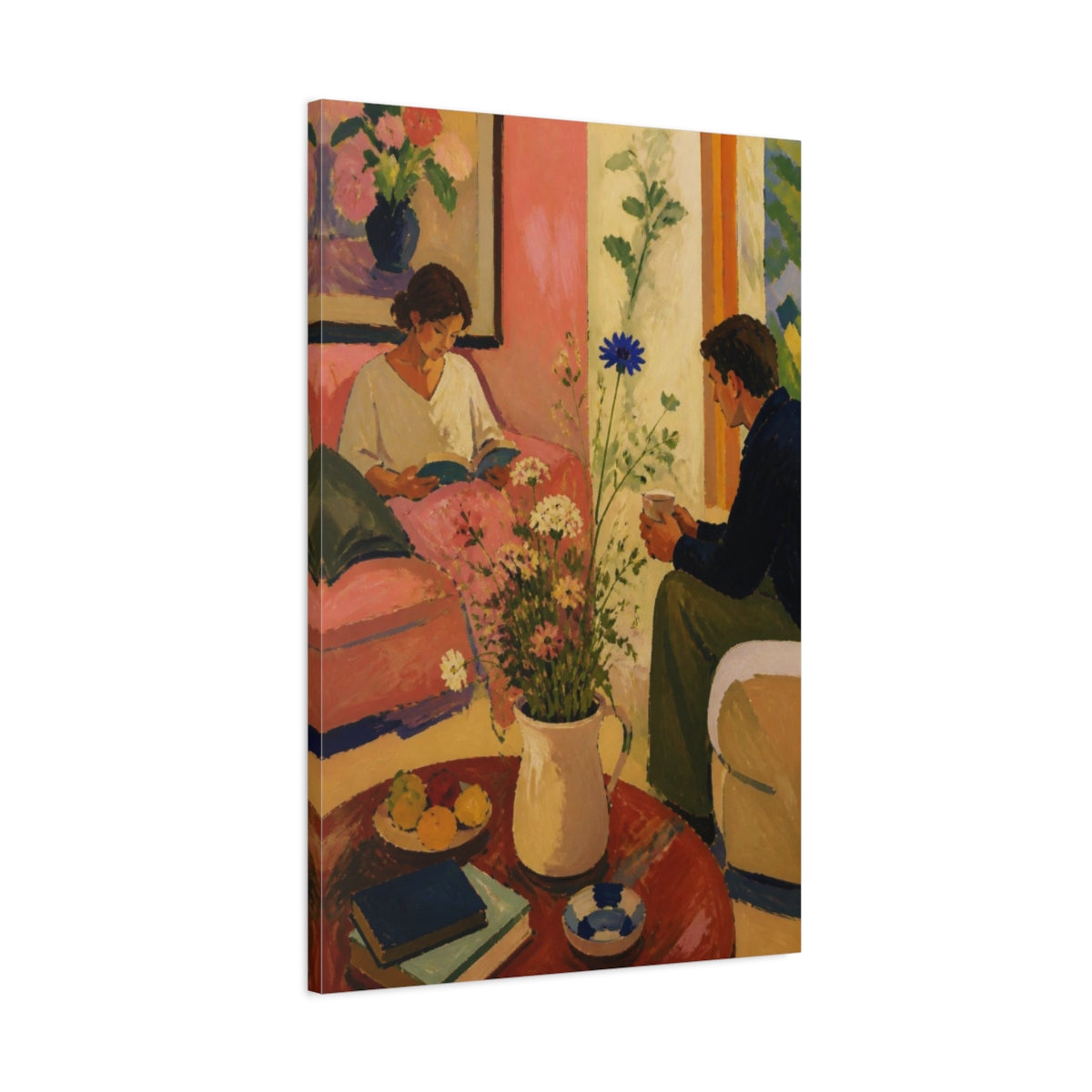 Main Mockup. Living Room Reading Couple shown as canvas print