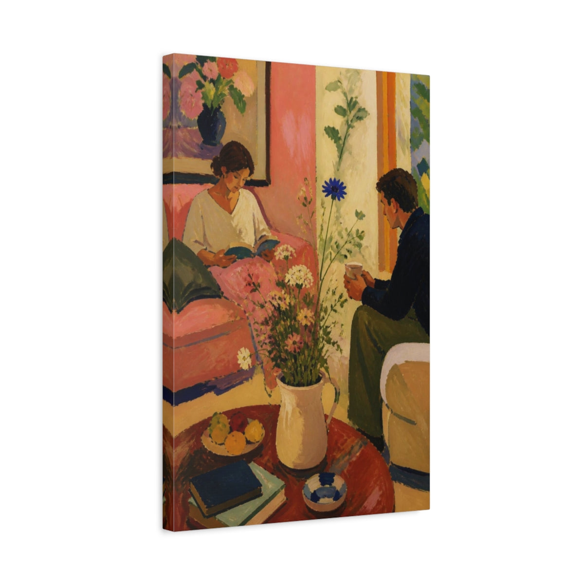 Side Mockup 3. Living Room Reading Couple shown as canvas print
