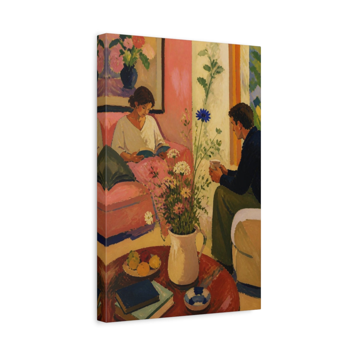 Side Mockup 4. Living Room Reading Couple shown as canvas print