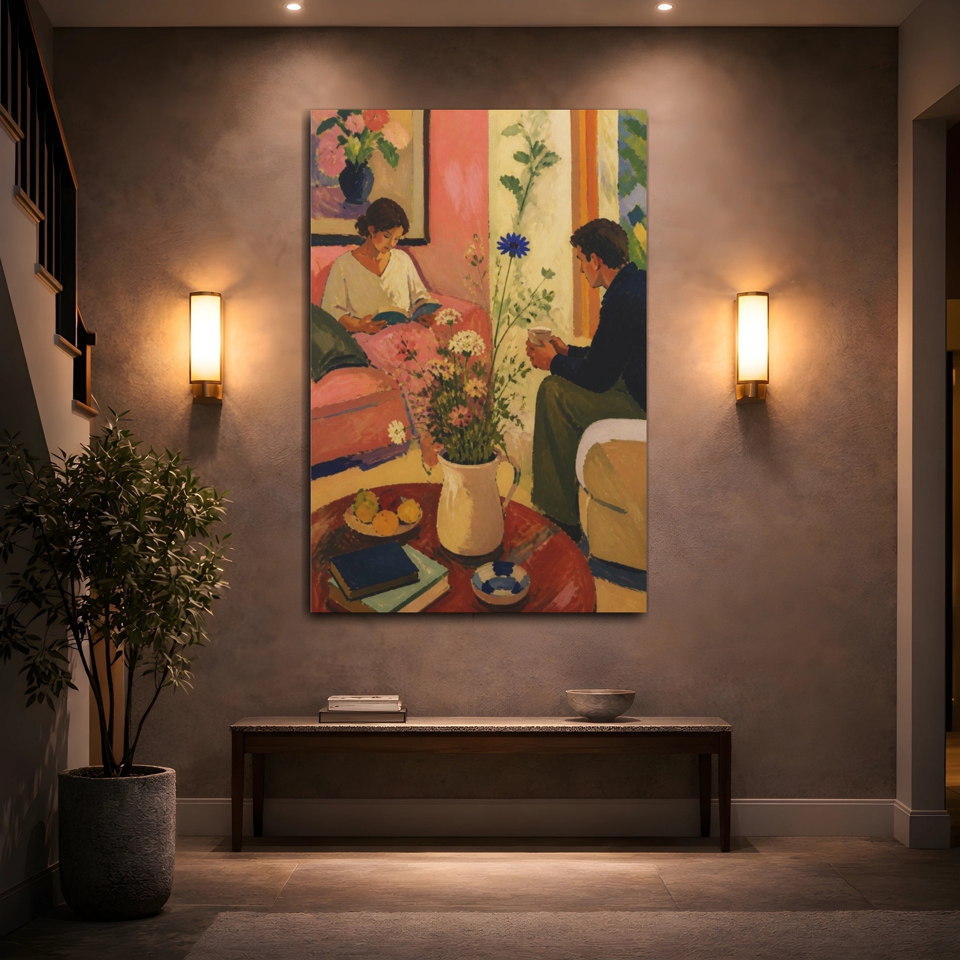Mockup 2. Living Room Reading Couple shown as canvas print