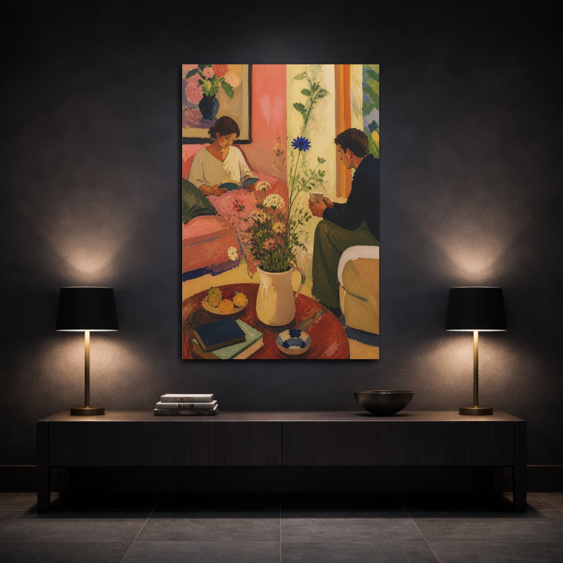 Mockup 3. Living Room Reading Couple shown as canvas print