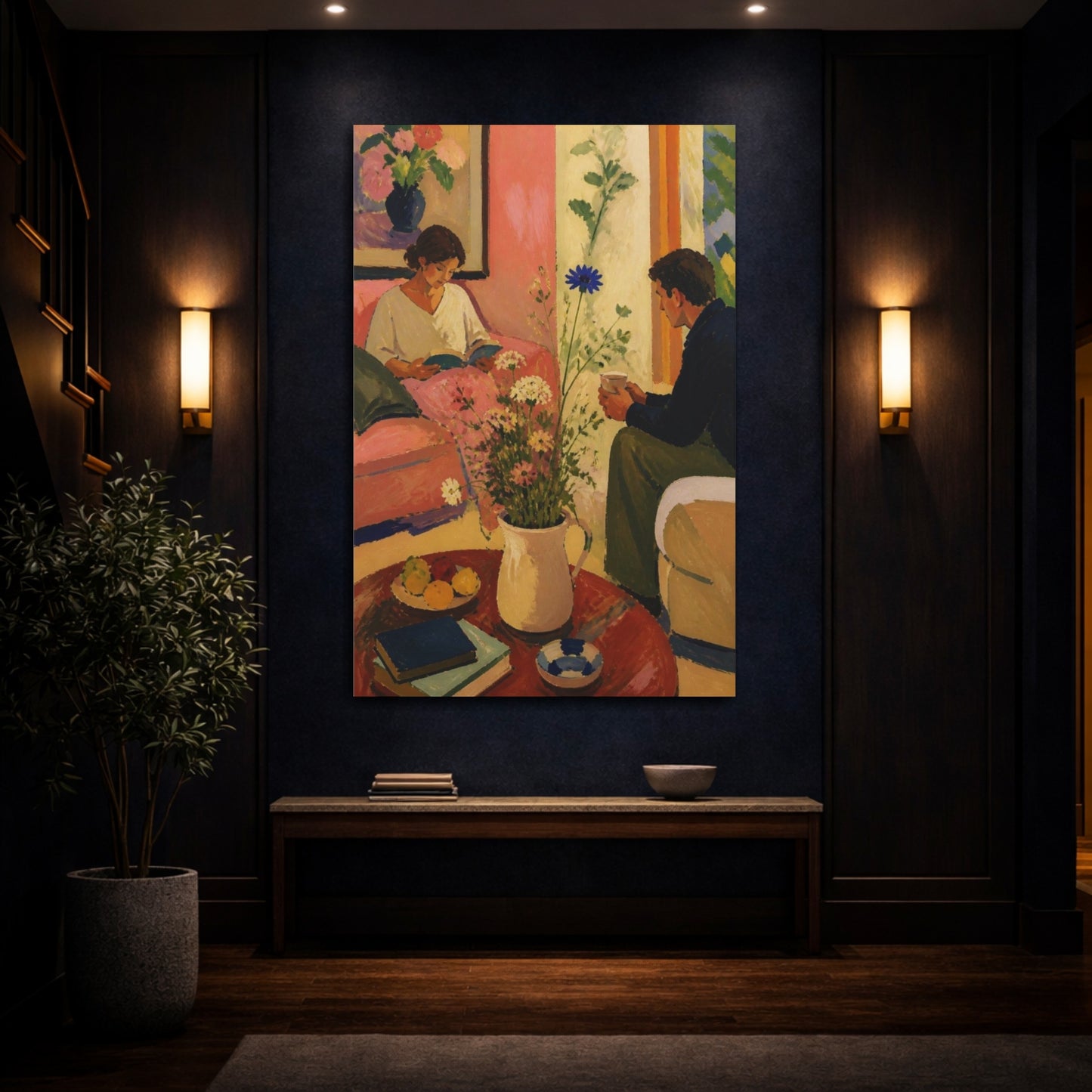 Mockup 4. Living Room Reading Couple shown as canvas print