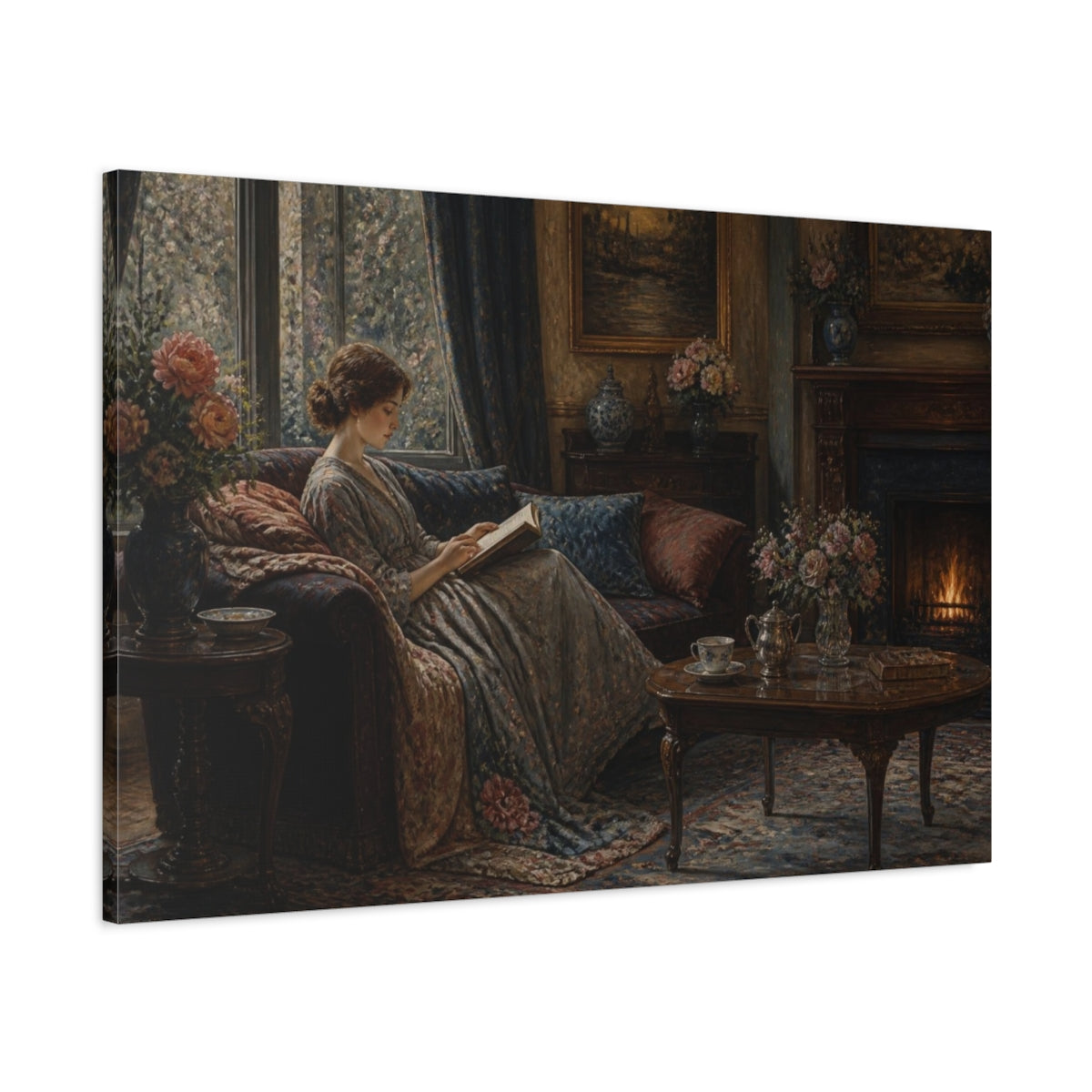 Main Mockup. Living Room Reading Woman shown as canvas print
