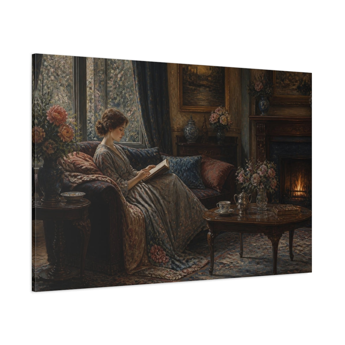 Side Mockup 1. Living Room Reading Woman shown as canvas print