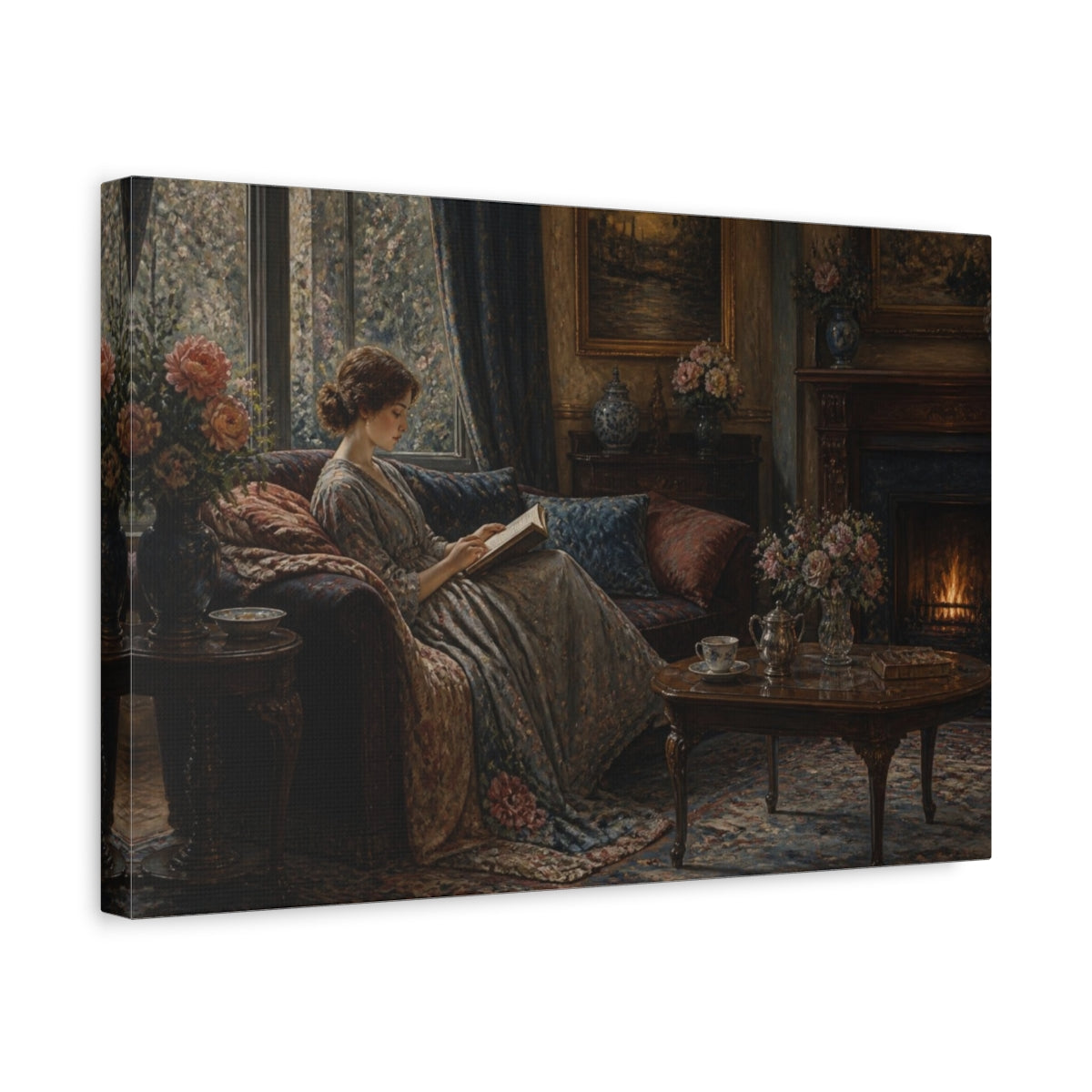 Side Mockup 4. Living Room Reading Woman shown as canvas print