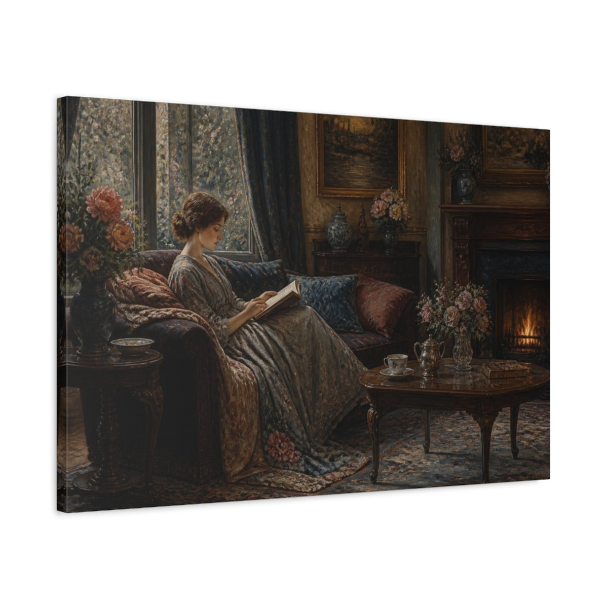 Side Mockup 2. Living Room Reading Woman shown as canvas print